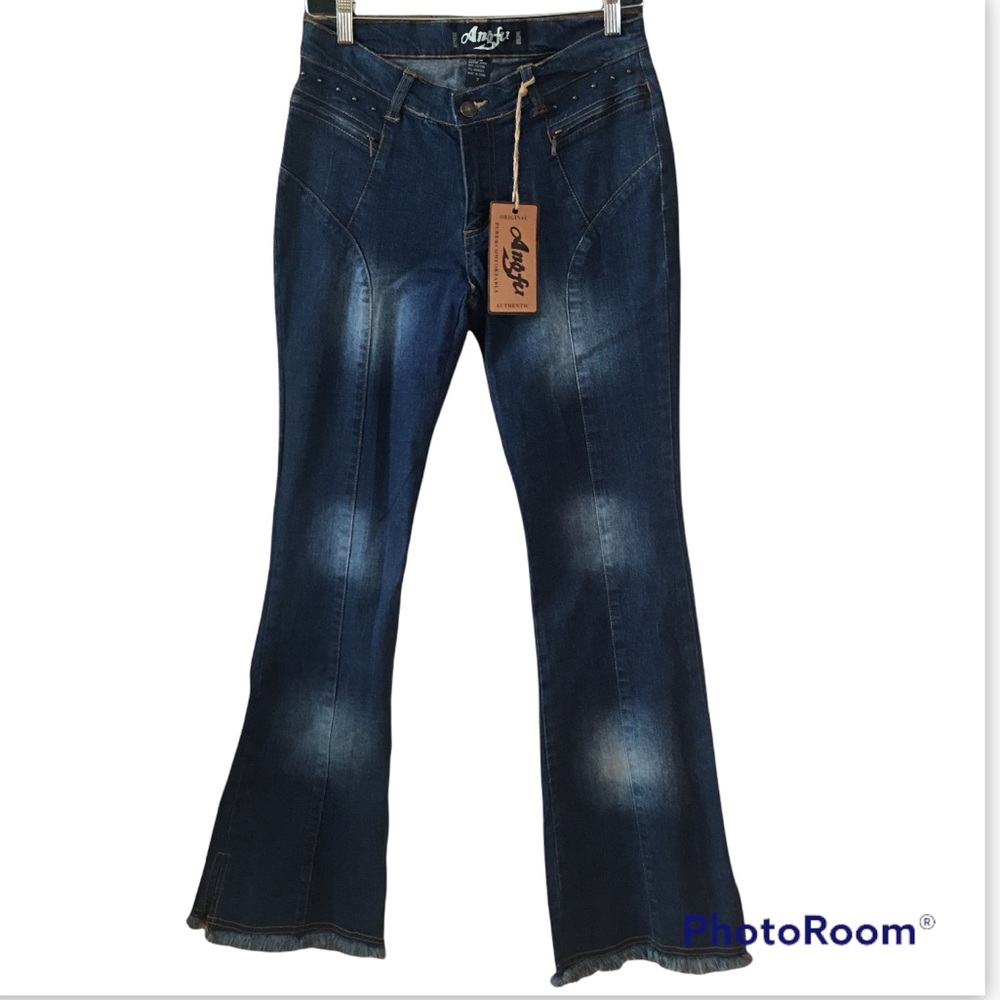 Angfu Studded and Flared Jeans with Fringe Hems Size 7